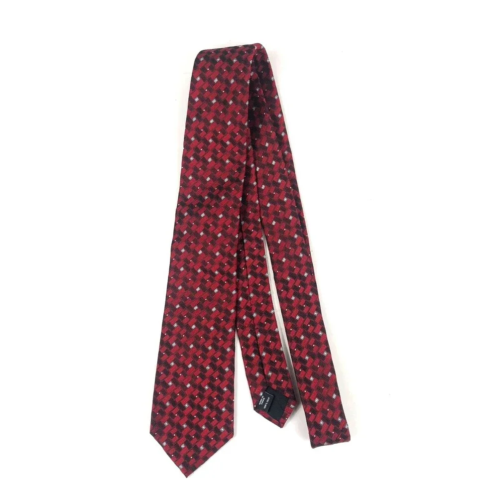 Murano EXTRA LONG Tie Red Black Geometric Pattern 100% Silk Dress Necktie 65 in